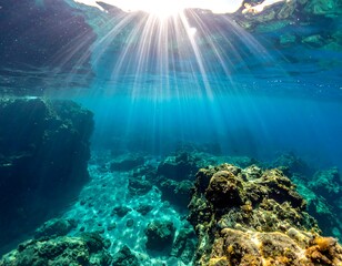 Underwater shot reveals sunbeams piercing clear, deep ocean water