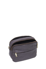 Open dark brown leather camera bag with gold zippers on white
