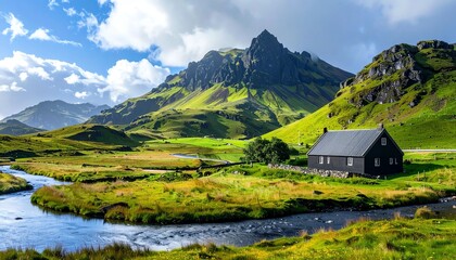 Obraz premium A dramatic, verdant landscape featuring a traditional black house situated by a winding river, set against steep, rugged green mountains under a bright