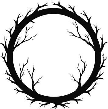 Circular wreath of bare tree branches silhouette isolated on white background isolated on transparent background