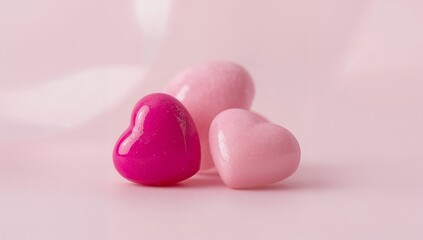 Illustration of three heart shaped candies in pink and magenta color on pink background