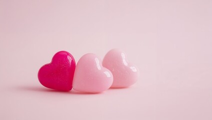 Illustration of three heart shaped candies on pink background, love and valentines day
