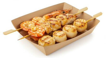grilled seafood skewers in kraft tray with blank panel isolated on white background for food photography or cooking