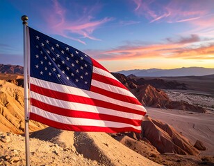 US flag waves atop a desert cliff during a colorful sunset