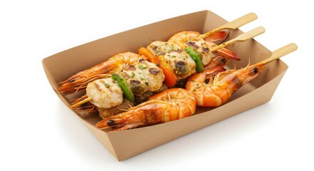 grilled seafood skewers in kraft tray with blank panel isolated on white background for food photography or cooking