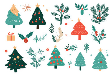 Six decorated green christmas trees variety festive holiday ornaments on illustration