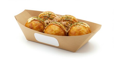 takoyaki balls in kraft boat tray with logo-ready sticker	 isolated on a white background for food photography