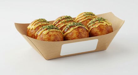 takoyaki balls in kraft boat tray with logo-ready sticker	 isolated on a neutral background for food photography
