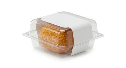 fried rice ball snack in PET clamshell with blank label area isolated on a white background for food storage and preservation