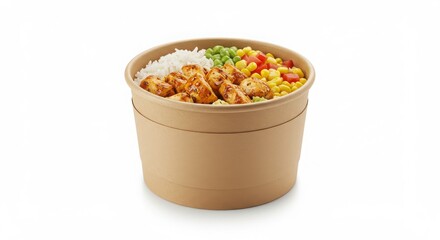 burrito bowl in kraft round box with wide branding sleeve isolated on a white background for food presentation or catering use