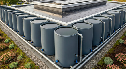 Rainwater collection barrels connected with pipes on green roof with solar panels. Sustainable building technology and eco energy system concept for design and education