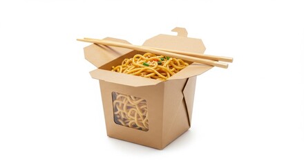 fried noodles in kraft square box with chopsticks and blank branding sleeve isolated on white background for food and culinary presentations