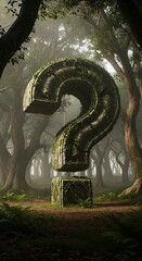 A weathered, mossy question mark stands sentinel in a misty forest, shrouded in mystery.