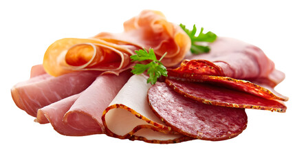 Assorted sliced deli meats including prosciutto and salami for gourmet platter or charcuterie board