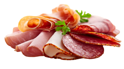 Assorted sliced deli meats including prosciutto and salami for gourmet platter or charcuterie board