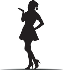 Silhouette of a woman in a santa hat and festive dress blowing a kiss on a white background