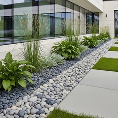 Modern landscaping design with varying shades of stones and lush greenery, creating a peaceful outdoor space against a contemporary building backdrop.