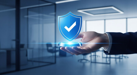 Man offering glowing blue shield with checkmark. Digital security and data protection concept. Cybersecurity and privacy for technology.