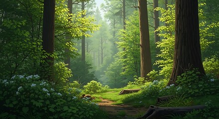 A sun-drenched forest path winds through tall trees, bathed in soft morning light, showcasing vibrant greens and gentle hues.