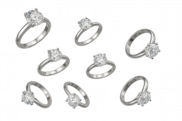 Diamond engagement rings with solitaire brilliant cut gems, symbolizing love, proposal, and luxury, on a transparent background