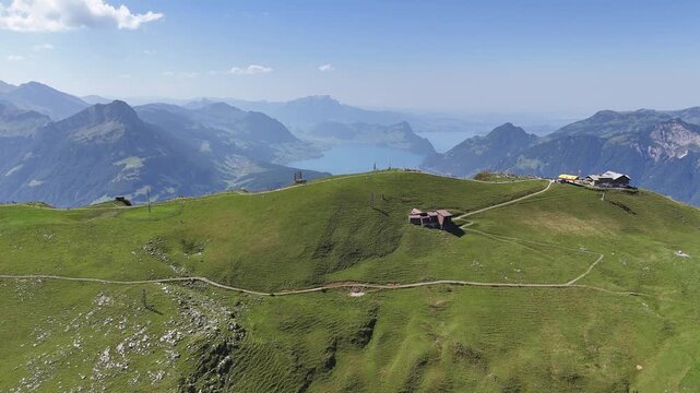 Panoramic view from Fronalpstock mountain in Switzerland with Swiss Alps and lakes