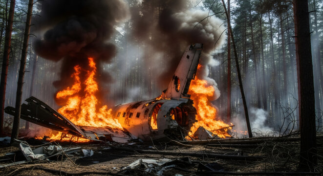 Airplane crash scene in a forest with wreckage engulfed in bright flames and plumes of black smoke rising into the air, showcasing a dramatic accident.