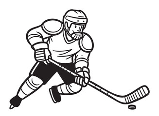 Obraz premium Black and white line drawing of a male ice hockey player in full gear, focused on advancing the puck with his stick.