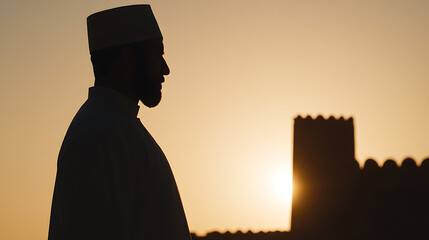 Silhouette of a man in traditional attire against a warm, golden sunset.  A fortress-like structure adds depth, evoking a sense of history and reverence.