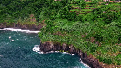 Greenery slopes deep water aerial view. Lush forest covering woodland cliffs