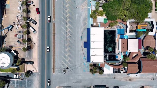 Aerial top down of main city street on summer day in Panama City Beach Florida panhandle