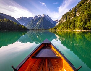 View from a boat on a serene lake reflecting mountains