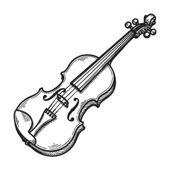 Obraz premium Black and white hand-drawn illustration of a violin, showcasing intricate details of the strings, body, and scroll.