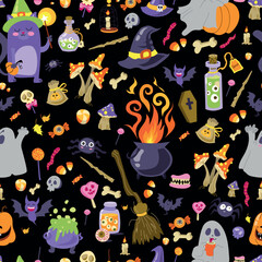 Cute Hand Draw Happy Halloween holiday Seamless Pattern background. Pumpkin, Ghost, Bat. Flat style with vector elements. Wallpaper illustration texture beautiful desing repeat design for fabric print