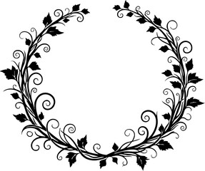 Elegant floral wreath border with leaves and swirls, perfect for wedding invitations, cards, and decorative design projects. Graceful botanical element.