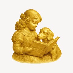 Golden statue girl reading dog