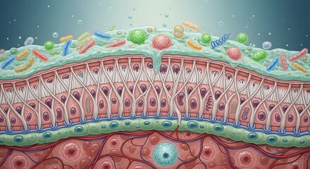 Detailed cross-section illustration of a biological tissue layer, showing intricate cellular structures and microorganism interactions.