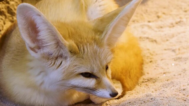 Close up of a desert Fennec fox head resting in the sand beside rocks on a cloudy day