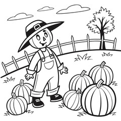 Vector illustration of Scarecrow in a pumpkin field black and white coloring page