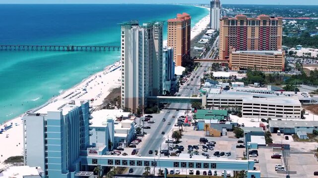 Aerial landscape of white sand beach resort on summer day in Panama City Beach Florida panhandle