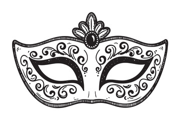 Intricately designed masquerade mask with swirling patterns and decorative central gemstone, evoking elegance and mystery.