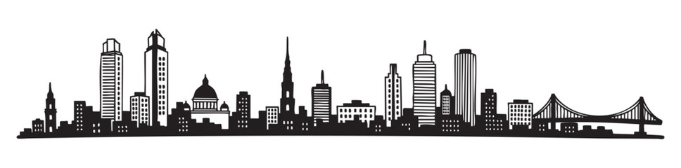 Naklejka premium Black silhouette of a city skyline featuring various high-rise buildings and a distinctive bridge on the right.