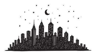Obraz premium Black silhouette illustration of a city skyline with various tall buildings, a crescent moon, and scattered stars in the night sky.