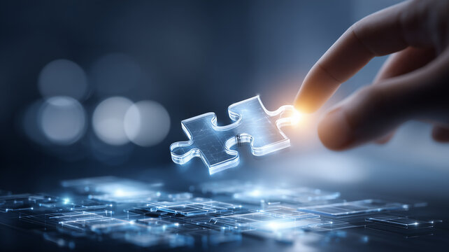 A hand positioning a luminous puzzle piece into a digital grid, expressing problem solving, seamless integration, and strategic system architecture.
