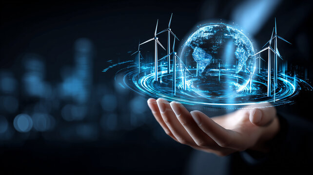 Hands presenting a digital globe with wind turbines symbolizing renewable energy transition and sustainable power management
