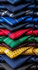 A stack of colorful patterned neckties in various designs and hues, showcasing a vibrant array of textures and prints.