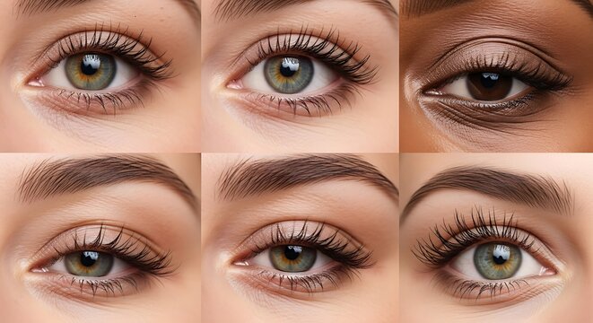 Close-up view of diverse female eyes and eyebrows, showcasing natural beauty and a range of skin tones.  Different eye colours and brow shapes are captured with a focus on the delicate features.