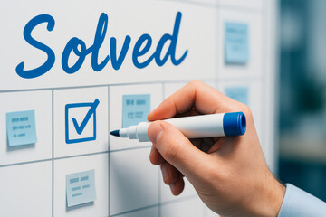 Illustration of hand marking task as solved on whiteboard with sticky notes in office
