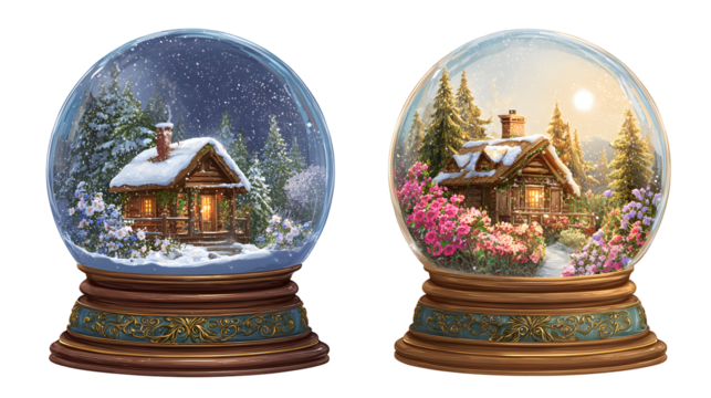 Magical snow globe featuring cozy cabin in winter and spring settings for seasonal decor