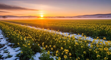 A vast field of vibrant yellow flowers stretches out under a sunrise, with patches of snow along the pathways, creating a serene and beautiful landscape.