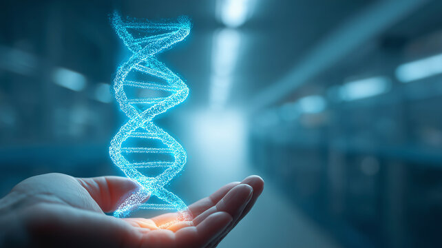 A detailed genomics innovation concept depicted with a luminous double helix rising from a supporting hand, symbolizing personalized medicine discovery and advanced diagnostics
